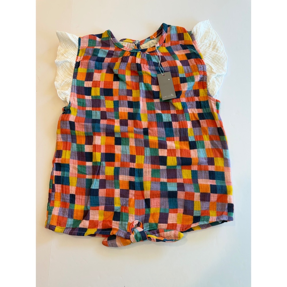 Miki Miette Girls Multi Color Patchwork Linen Tie Front Top Size 10Y NWT